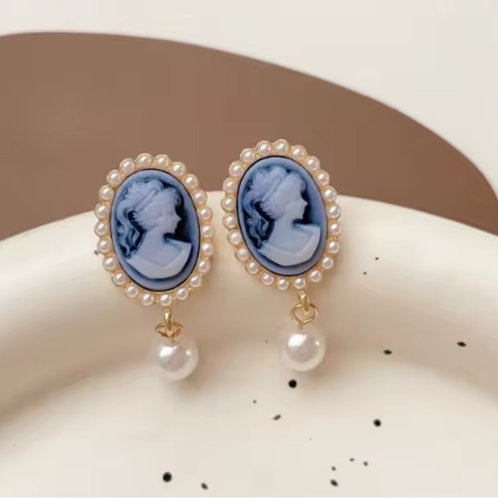 Vintage Blue Cameo Pearl Earrings